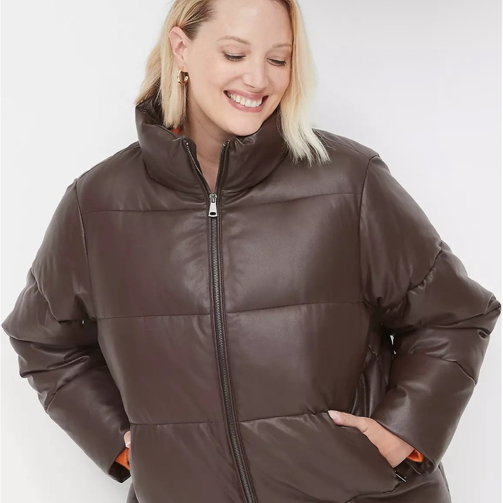 NWT Lane Bryant Brown Faux Leather Puffer Jacket Stand up Collar Sz18/20 Comfy